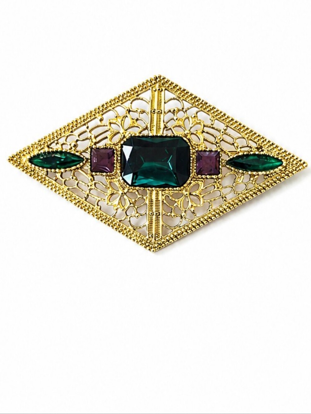 Vintage Gold Tone Filigree Brooch Green Purple Rhinestone Statement Pin 3"